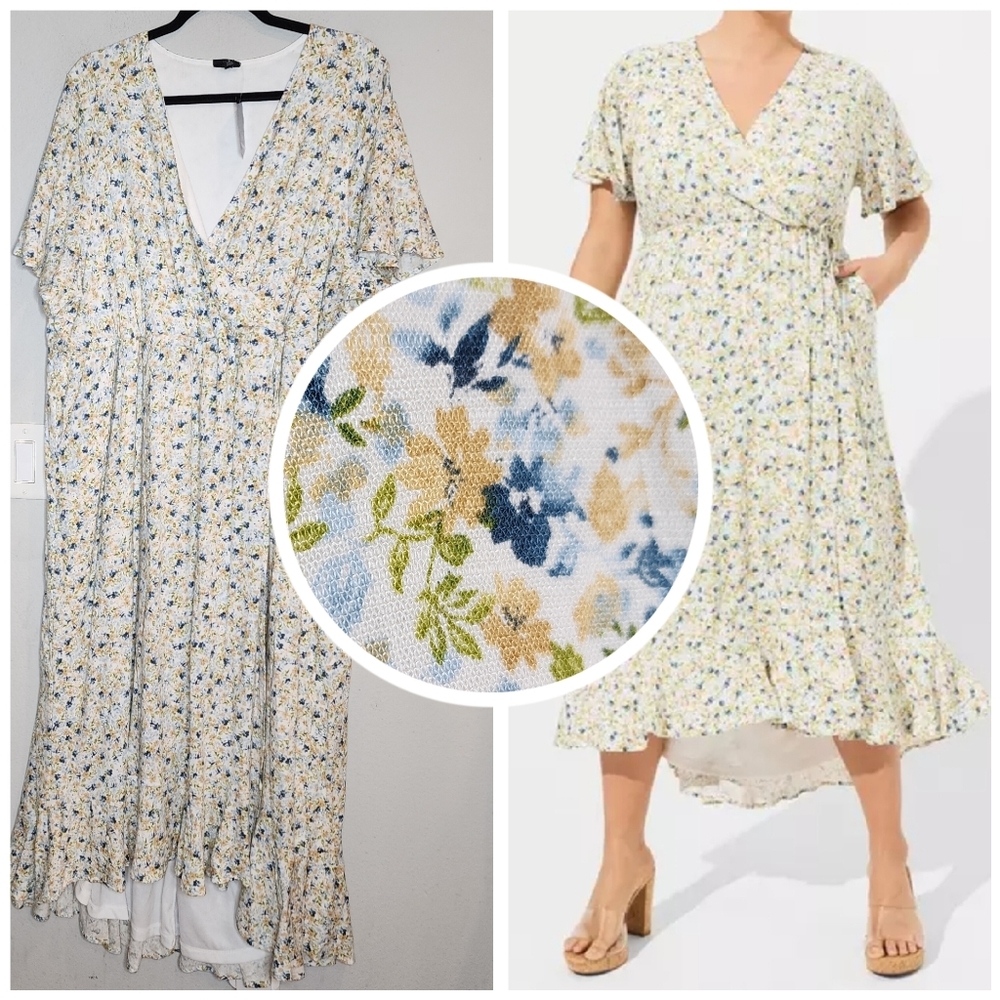 NWT Torrid Maxi Rayon Slub Surplice Wrap Dress Yellow Blue Floral Size 3X